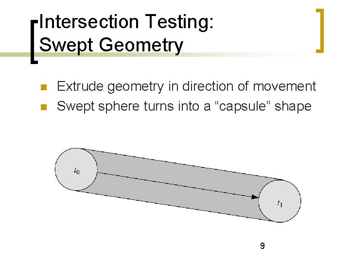 Intersection Testing: Swept Geometry Extrude geometry in direction of movement Swept sphere turns into