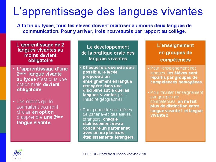 L’apprentissage des langues vivantes À la fin du lycée, tous les élèves doivent maîtriser