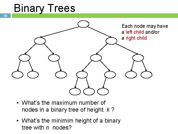 19 Binary Trees Each node may have a left child and/or a right child