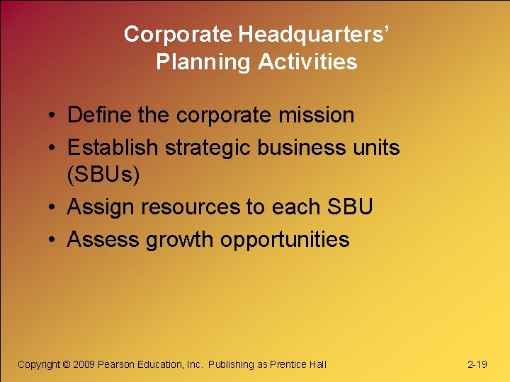 Corporate Headquarters’ Planning Activities • Define the corporate mission • Establish strategic business units