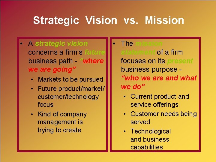 Strategic Vision vs. Mission • A strategic vision concerns a firm’s future business path