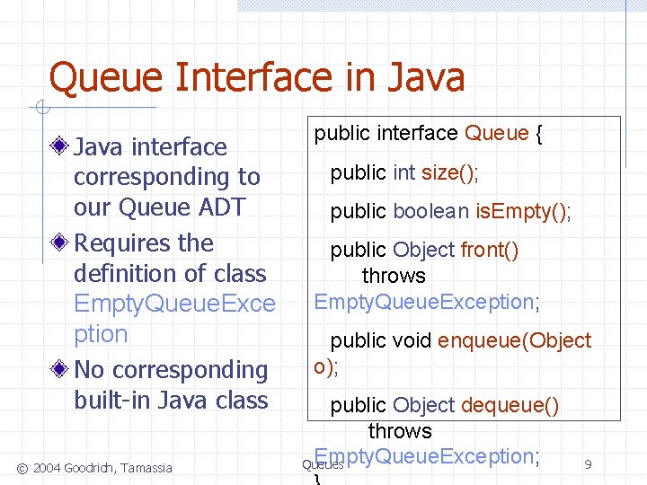 Queue Interface in Java interface corresponding to our Queue ADT Requires the definition of