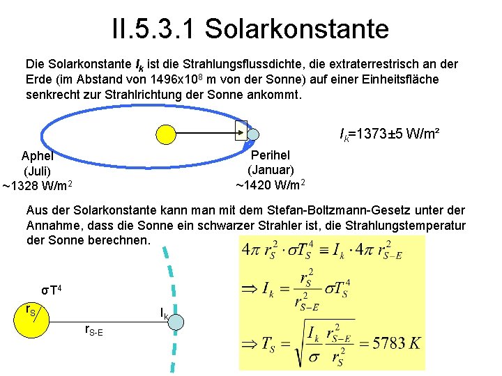 II. 5. 3. 1 Solarkonstante Die Solarkonstante Ik ist die Strahlungsflussdichte, die extraterrestrisch an