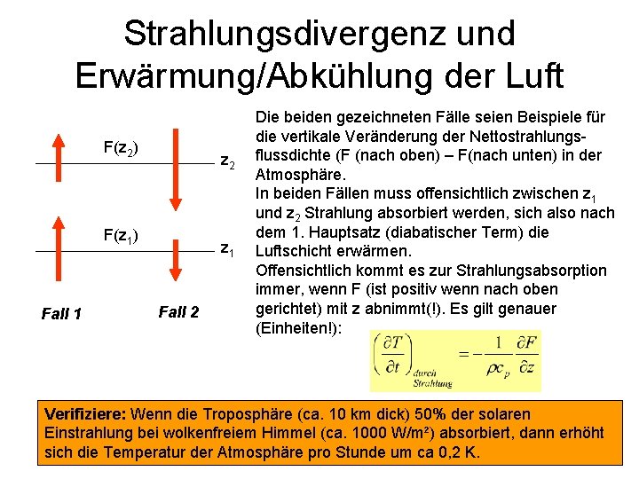 Strahlungsdivergenz und Erwärmung/Abkühlung der Luft F(z 2) z 2 F(z 1) Fall 1 z