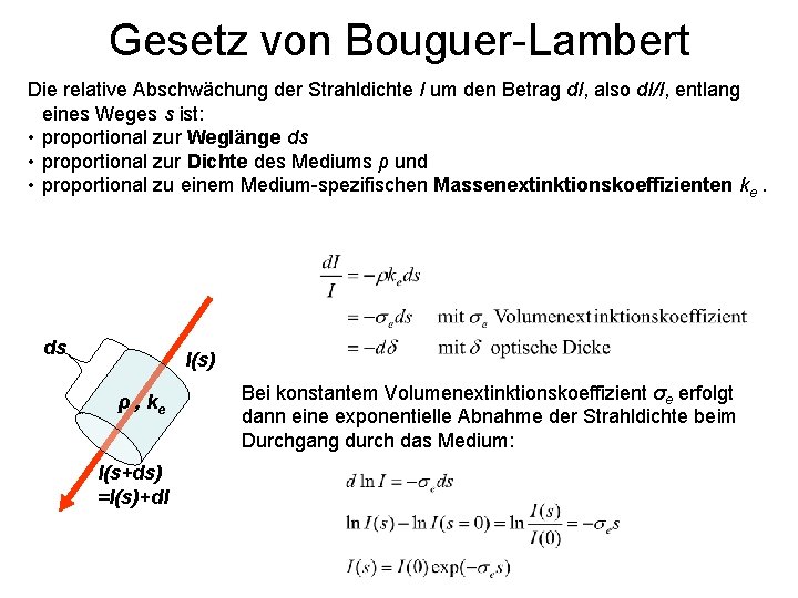 Gesetz von Bouguer-Lambert Die relative Abschwächung der Strahldichte I um den Betrag d. I,