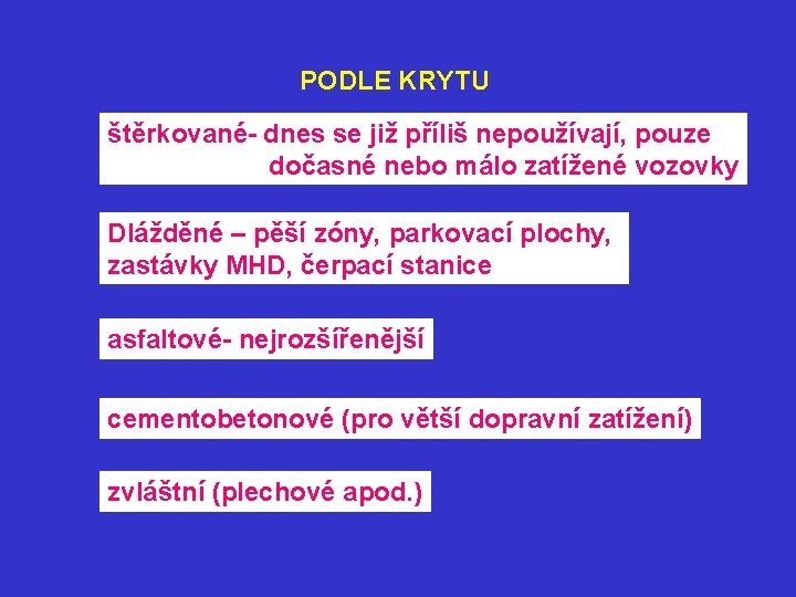 PODLE KRYTU štěrkované- dnes se již příliš nepoužívají, pouze dočasné nebo málo zatížené vozovky