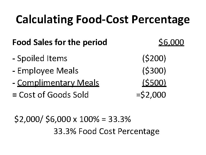 Calculating Food-Cost Percentage Food Sales for the period - Spoiled Items - Employee Meals