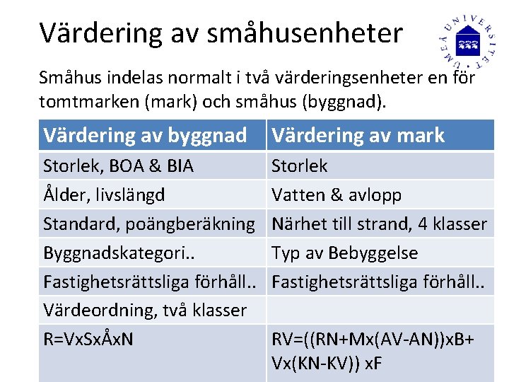 Värdering av småhusenheter Småhus indelas normalt i två värderingsenheter en för tomtmarken (mark) och