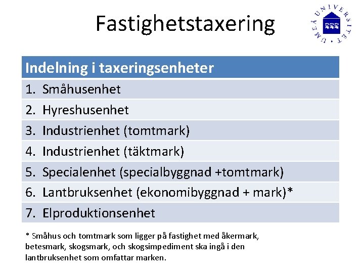 Fastighetstaxering Indelning i taxeringsenheter 1. 2. 3. 4. 5. 6. 7. Småhusenhet Hyreshusenhet Industrienhet