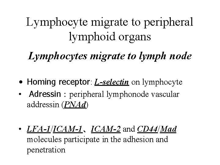 Lymphocyte migrate to peripheral lymphoid organs Lymphocytes migrate to lymph node • Homing receptor: