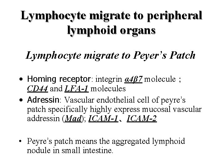 Lymphocyte migrate to peripheral lymphoid organs Lymphocyte migrate to Peyer’s Patch • Homing receptor: