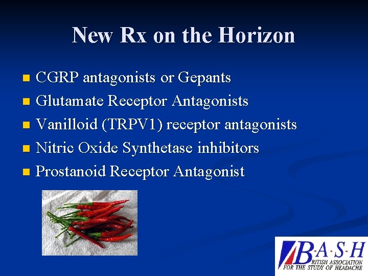 New Rx on the Horizon CGRP antagonists or Gepants n Glutamate Receptor Antagonists n