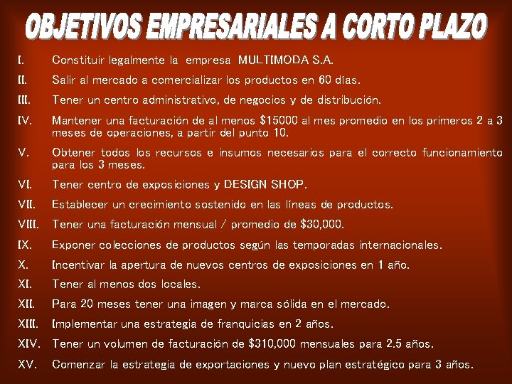 I. II. Constituir legalmente la empresa MULTIMODA S. A. III. Tener un centro administrativo,