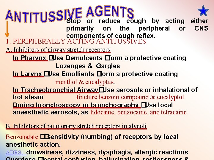 Stop or reduce cough by acting either primarily on the peripheral or CNS components