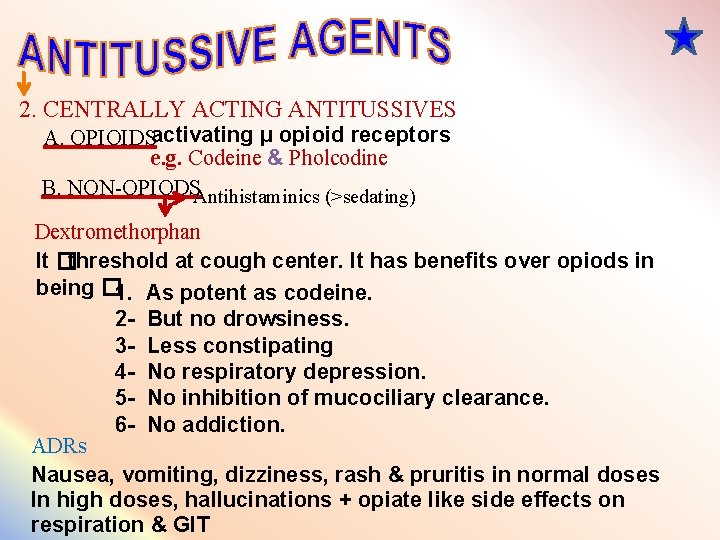 2. CENTRALLY ACTING ANTITUSSIVES A. OPIOIDSactivating µ opioid receptors e. g. Codeine & Pholcodine