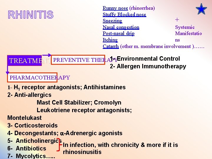 RHINITIS Runny nose (rhinorrhea) Stuffy Blocked nose + Sneezing Systemic Nasal congestion Post-nasal drip