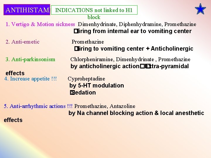 INDICATIONS not linked to H 1 ANTIHISTAMINES block 1. Vertigo & Motion sickness Dimenhydrinate,