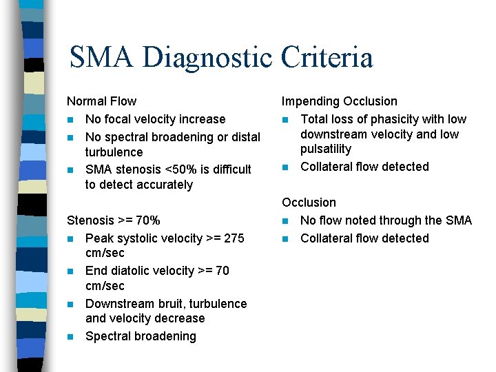 SMA Diagnostic Criteria Normal Flow n No focal velocity increase n No spectral broadening