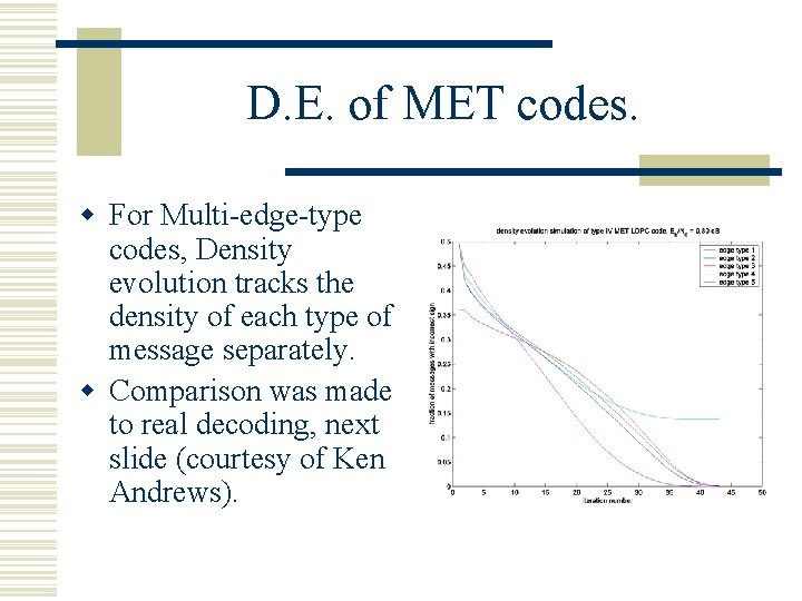 D. E. of MET codes. w For Multi-edge-type codes, Density evolution tracks the density