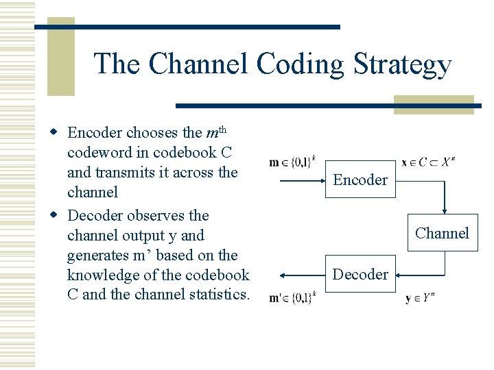 The Channel Coding Strategy w Encoder chooses the mth codeword in codebook C and