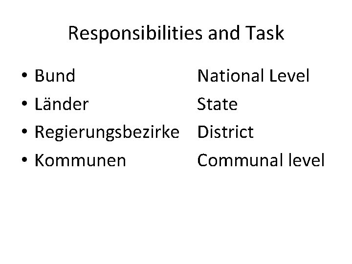 Responsibilities and Task • • Bund Länder Regierungsbezirke Kommunen National Level State District Communal