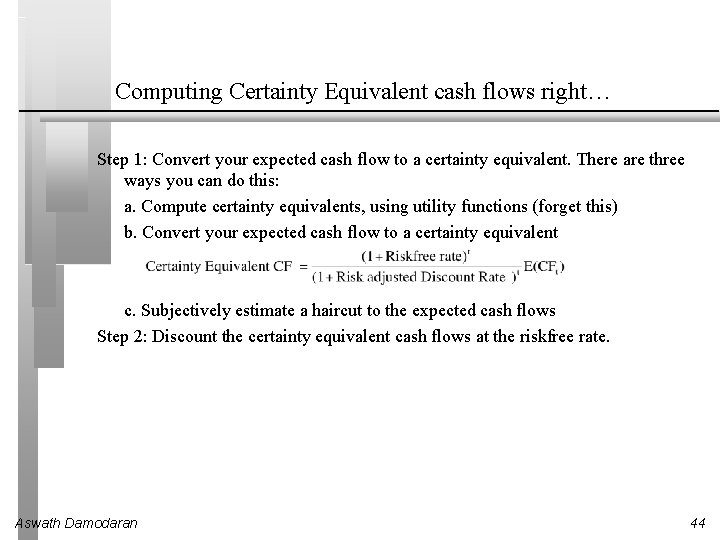Computing Certainty Equivalent cash flows right… Step 1: Convert your expected cash flow to
