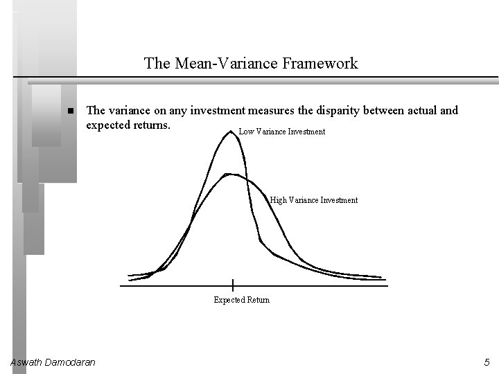The Mean-Variance Framework The variance on any investment measures the disparity between actual and