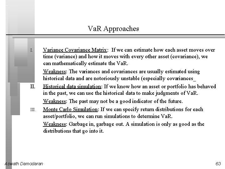 Va. R Approaches I. III. Aswath Damodaran Variance Covariance Matrix: If we can estimate