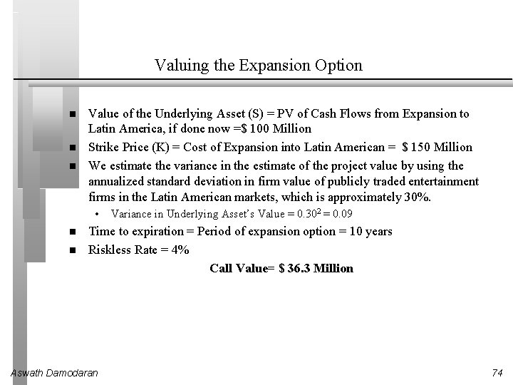 Valuing the Expansion Option Value of the Underlying Asset (S) = PV of Cash