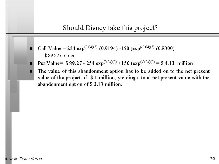 Should Disney take this project? Call Value = 254 exp(0. 04)(5) (0. 9194) -150
