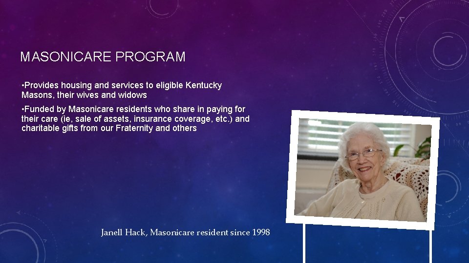 MASONICARE PROGRAM • Provides housing and services to eligible Kentucky Masons, their wives and
