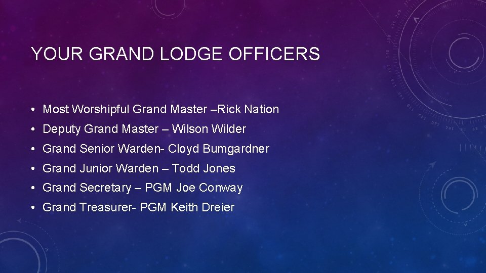 YOUR GRAND LODGE OFFICERS • Most Worshipful Grand Master –Rick Nation • Deputy Grand