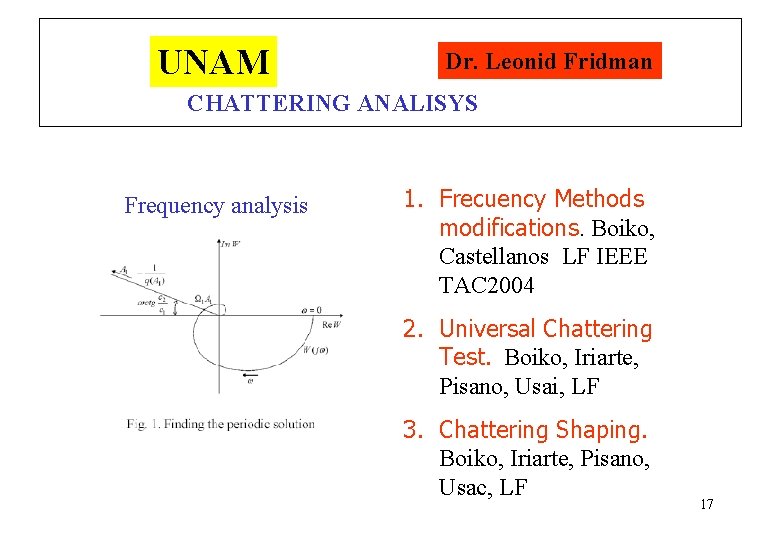 UNAM Dr. Leonid Fridman CHATTERING ANALISYS Frequency analysis 1. Frecuency Methods modifications. Boiko, Castellanos