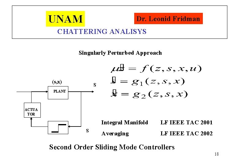 UNAM Dr. Leonid Fridman CHATTERING ANALISYS Singularly Perturbed Approach (s, x) S PLANT ACTUA