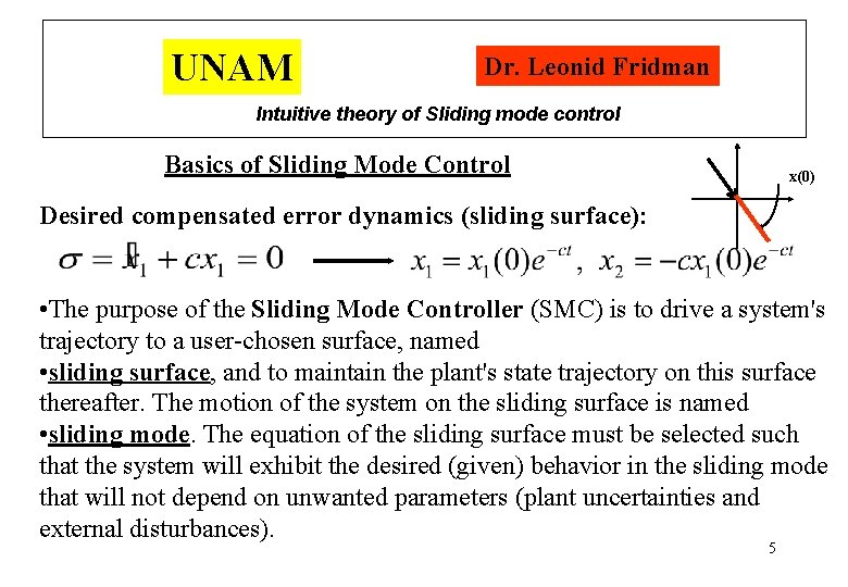 UNAM Dr. Leonid Fridman Intuitive theory of Sliding mode control Basics of Sliding Mode