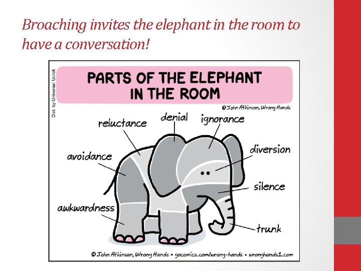 Broaching invites the elephant in the room to have a conversation! Broaching invites the elephant in the room to have a conversation!