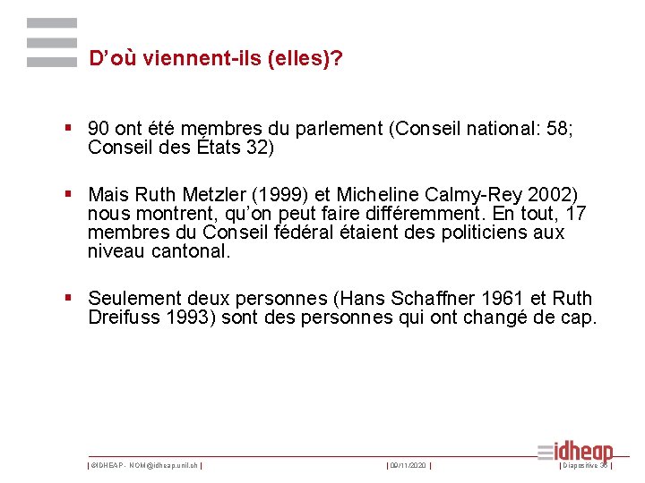 D’où viennent-ils (elles)? § 90 ont été membres du parlement (Conseil national: 58; Conseil