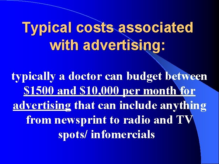 Typical costs associated with advertising: typically a doctor can budget between $1500 and $10,