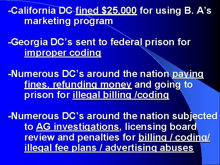  -California DC fined $25, 000 for using B. A’s marketing program -Georgia DC’s