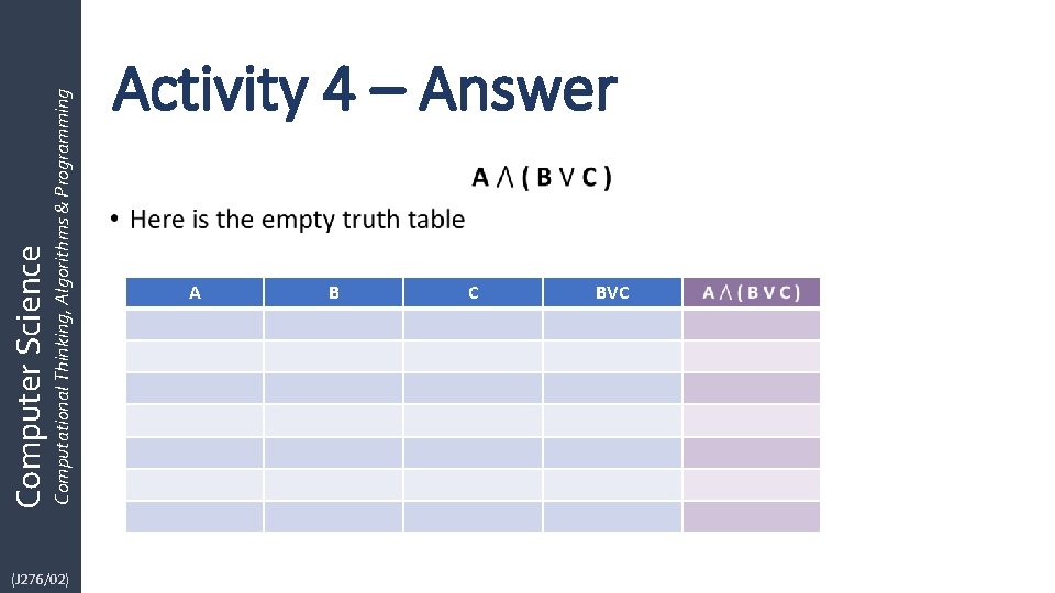 (J 276/02) Computational Thinking, Algorithms & Programming Computer Science Activity 4 – Answer •