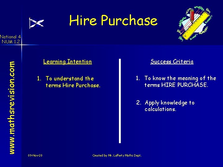 Hire Purchase www. mathsrevision. com National 4 NUM 1. 2 Learning Intention Success Criteria