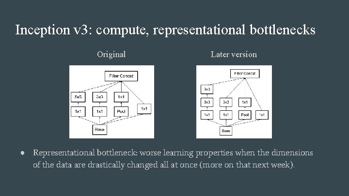 Inception v 3: compute, representational bottlenecks Original Later version ● Representational bottleneck: worse learning