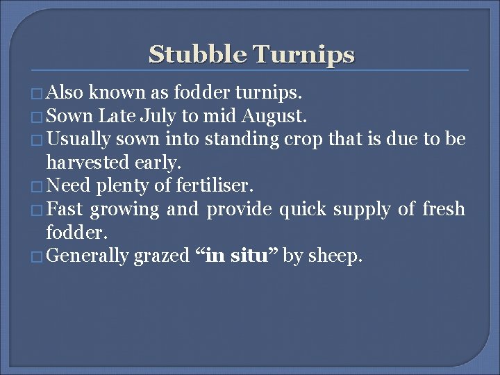 Stubble Turnips � Also known as fodder turnips. � Sown Late July to