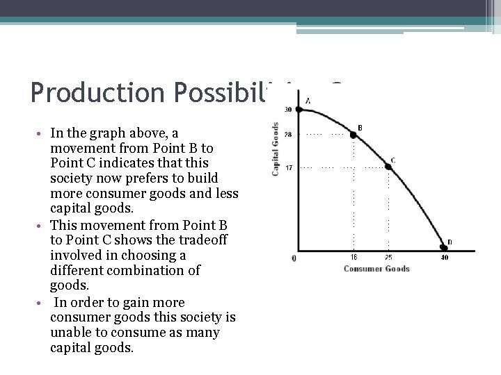 Production Possibilities Curve • In the graph above, a movement from Point B to