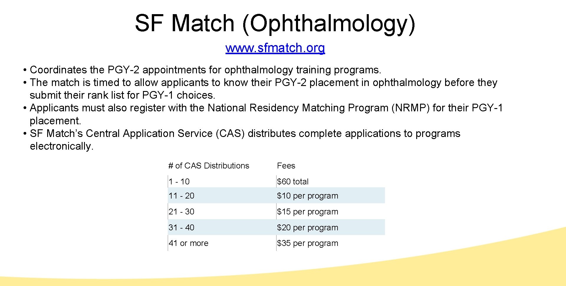 SF Match (Ophthalmology) www. sfmatch. org • Coordinates the PGY-2 appointments for ophthalmology training