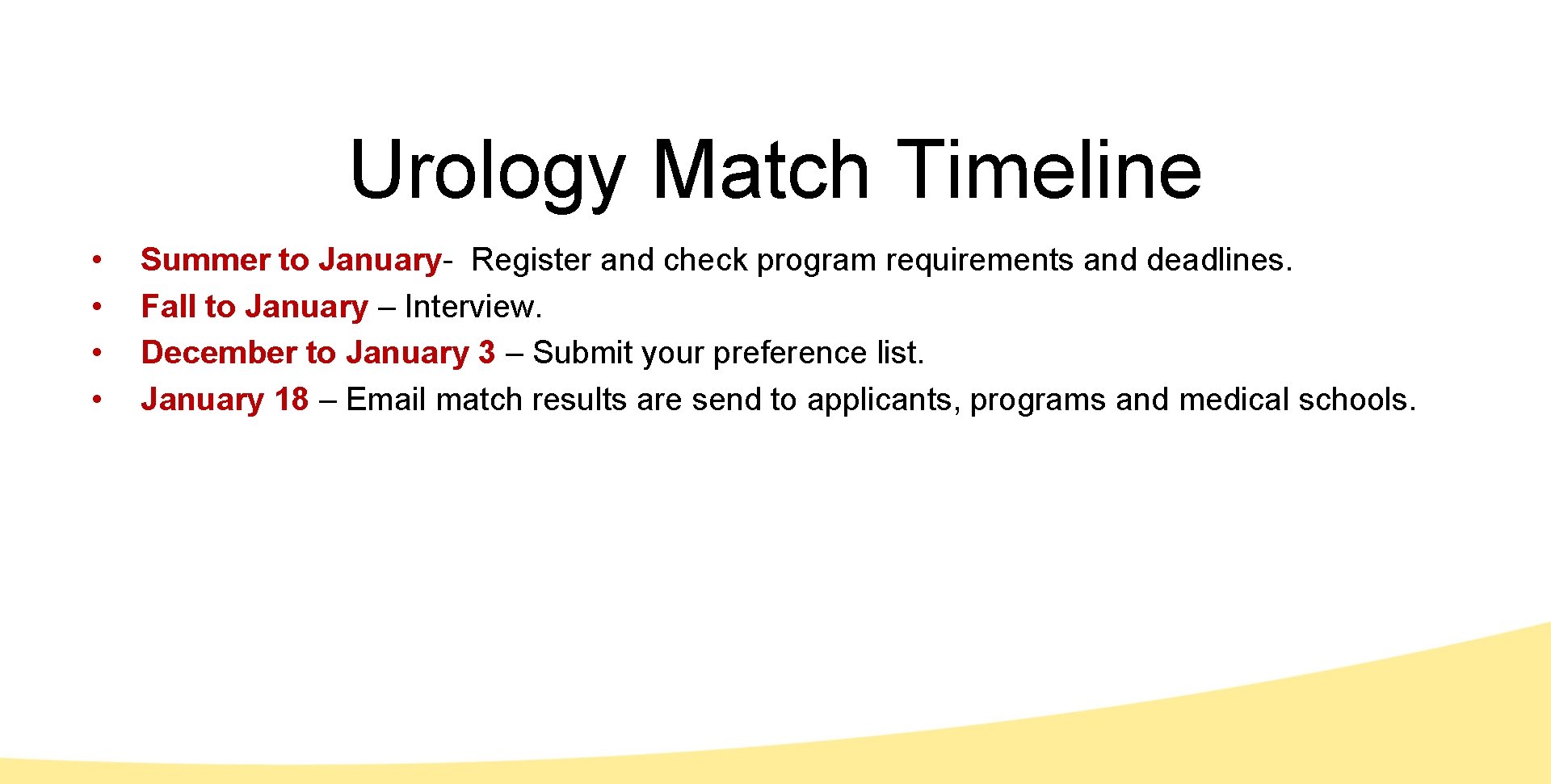 Urology Match Timeline • • Summer to January- Register and check program requirements and