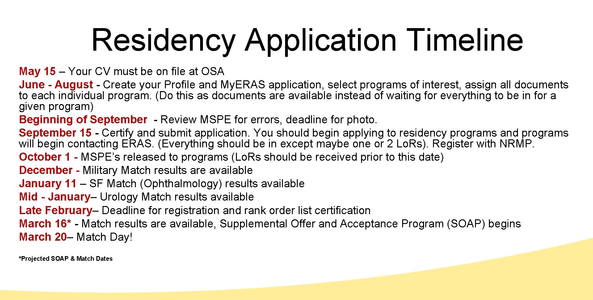 Residency Application Timeline May 15 – Your CV must be on file at OSA