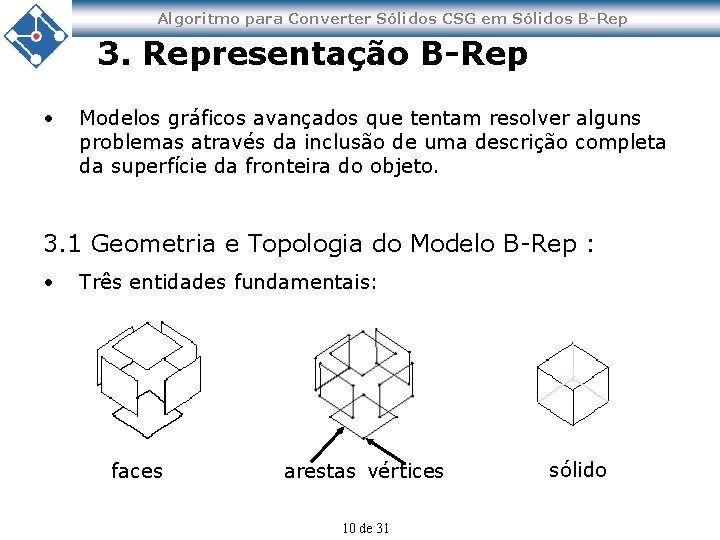Algoritmo para Converter Sólidos CSG em Sólidos B-Rep 3. Representação B-Rep • Modelos gráficos