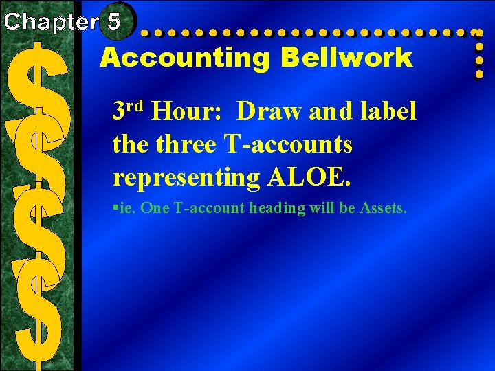 Accounting Bellwork 3 rd Hour: Draw and label the three T-accounts representing ALOE. §ie.