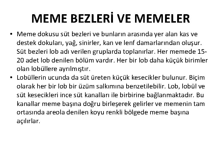 MEME BEZLERİ VE MEMELER • Meme dokusu süt bezleri ve bunların arasında yer alan